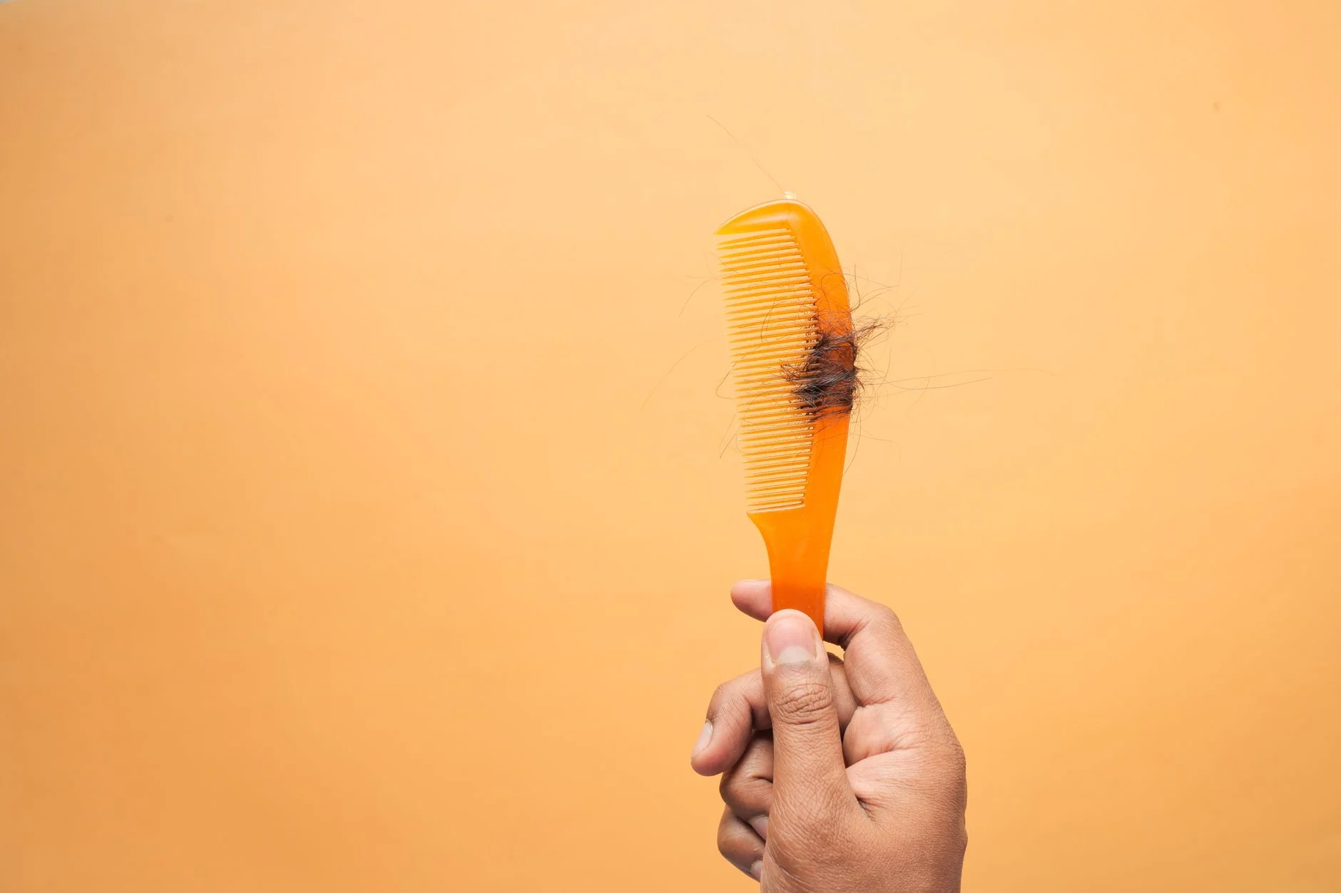 Close-up of hand holding a comb with hair against an orange backdrop, highlighting hair loss concept. at House of Aetheria, Gurugram